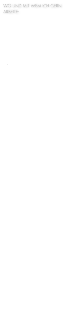 WO UND MIT WEM ICH GERN ARBEITE:
LÖWE TV, Leipzig (Videoschnitt)
Punkt TV Wiatrowski, Leipzig (Videoschnitt)
Top Ten TV GmbH, Leipzig (Videoschnitt, Grafik, EB-Technik)
Mario Biehl alias Harry Lime, Leipzig (Musiker und Cutter)
Juri Tetzlaff, Berlin (Moderator)
Franziska Rubin, Köln (Moderatorin)
Friedemann Schmidt, Leipzig (Apotheker und Moderator)
Dirk Heinemann, Leipzig (Autor und Moderator)
Andreas Goßler, Leipzig (Küchenmeister und Fernsehkoch)
Philipp Gehler, Leipzig (Cutter)
Ingo Löwe, Leipzig (Cutter)
Kathleen David, Leipzig (Cutterin)
Ronald Grüner, Leipzig (Cutter und Grafiker)
Ferenc Stobäus, Leipzig (Cutter)
Annina Wolf, Leipzig (Cutterin)
Sven Giebel, Leipzig (Kameramann und Cutter)
Stefan Thissen, Berlin (Kameramann)
Thomas Simon, Berlin (Kameramann)
Frank Menzel, Leipzig (Kameramann)
Jens Kleinert, Berlin und Leipzig (Kameramann)
Ludwig Hart, Leipzig (Tonassistent und Grafiker)
Jörg Junge, Leipzig (Kameramann)
Gunnar Kopp, Leipzig (Kameramann)
Tilo Glawe, Leipzig (Aufnahmeleiter)
Bert Peschel, Berlin (Kameramann)
Alexander Nuck, Leipzig (Kameramann)
Jens Eckart, Berlin (Kameramann)
Katrin Meißner (Erfurt, Cutterin)
Jörg Schwulst und Thomas Schenkel, Leipzig (Grafiker)
Thomas Gubig und Grit Schmiedl, Potsdam, sowie Sebastian Köpcke, Berlin (Gestalter)
Peter Wustlich, Fotograf, Aufnahmeleiter und Tonassistent, München und Leipzig

